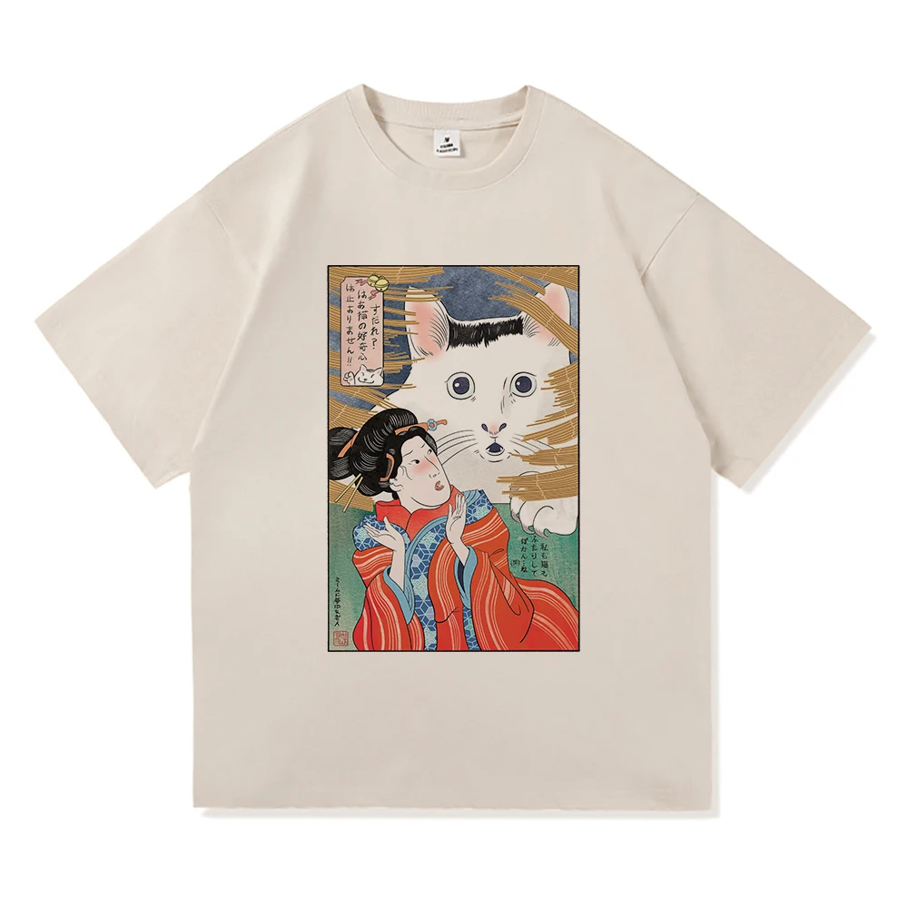 هوه القط ميمي تي شيرت اليابانية مضحك القط موضة الرجعية الرجال/النساء الملابس خمر Harajuku بلايز عالية الجودة القطن بلايز #1