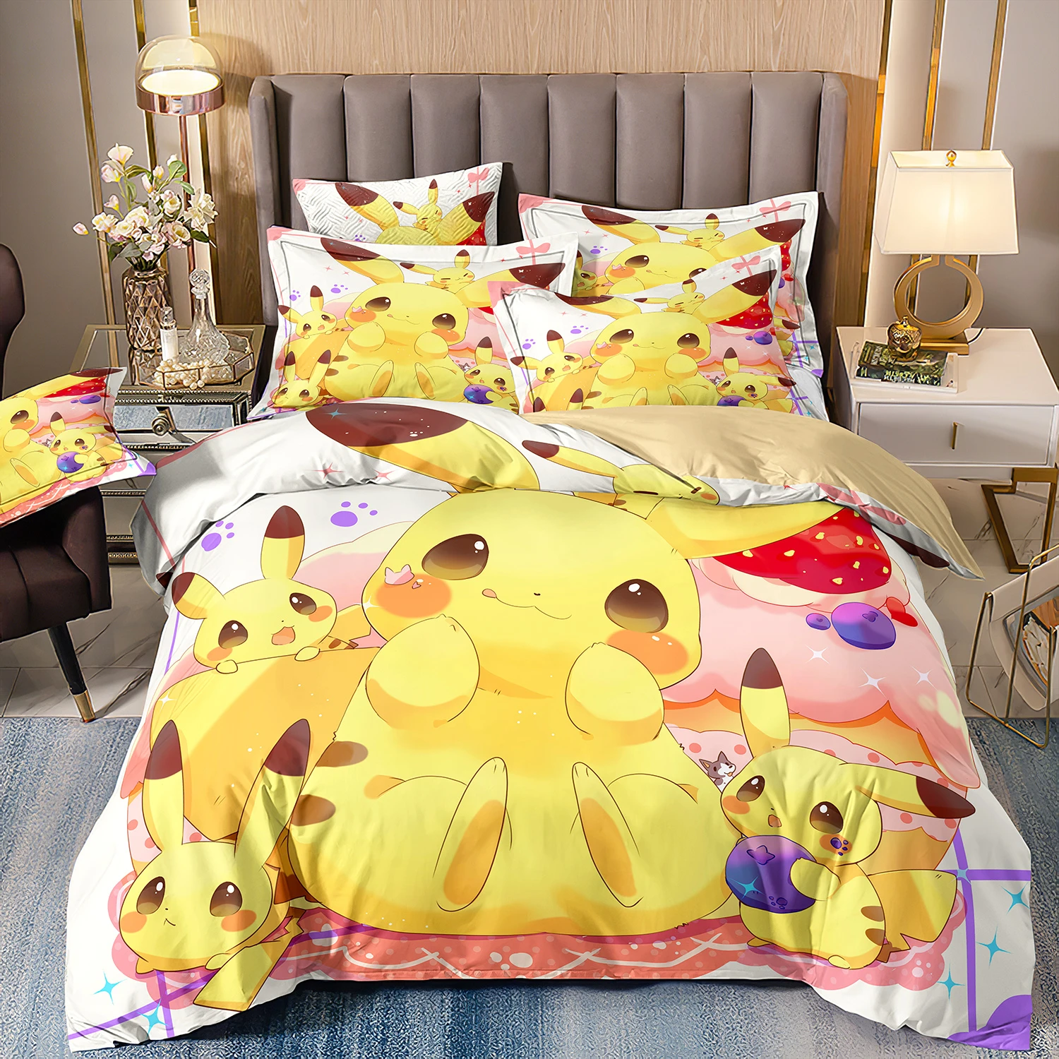 Pokemon Pikachu Bedding Set,Cartoon Anime Quilt Cover for Kids boys Girls gift Queen King Size Bedding Set,