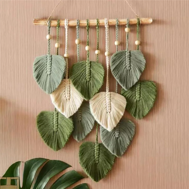 Colgante de pared de macramé de hoja, tapiz de pared estético tejido para habitación Bohemia, decoración de boda para el hogar, color verde