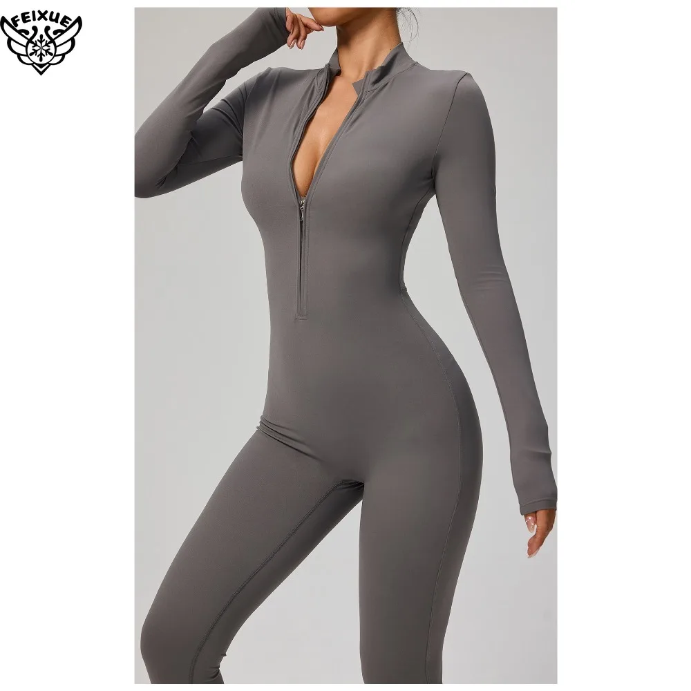 بدلة اليوغا المرجل بأكمام طويلة ملابس رياضية نسائية الصالة الرياضية سستة حللا تجريب عالية الكثافة اللياقة البدنية قطعة واحدة ملابس ضيقة الجلد