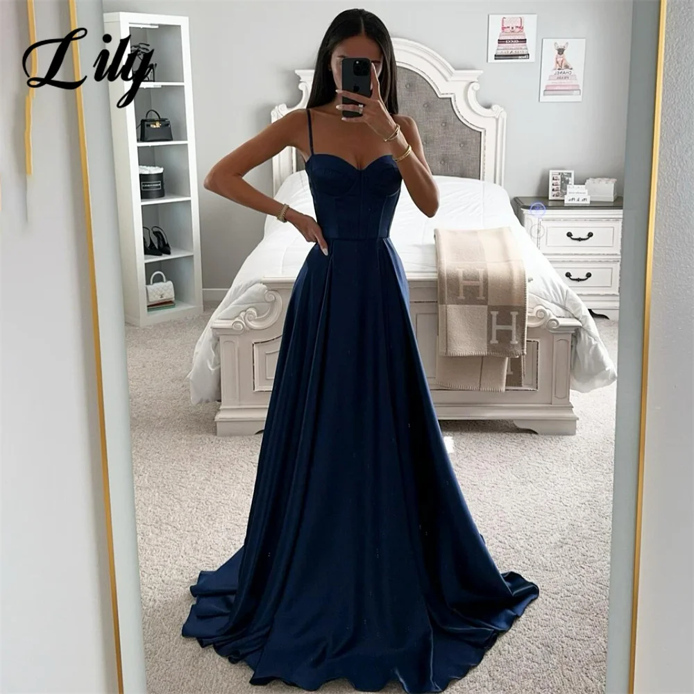 

Lily Navy Blue Evening Gown A-Line Sexy Elegant Prom Dresses Pleat Sweetheart Wedding Evening Dress Custom Size robes de soirée