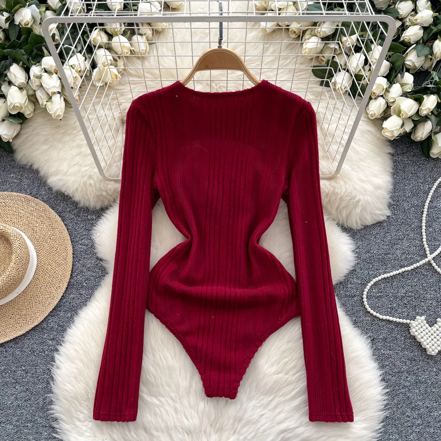 Frauen hot sweet aushöhlen Bodysuit schick O-Ausschnitt sexy Langarm Overalls Grundlagen schlanke Top Stram pler ins Herbst Winter Kleidung