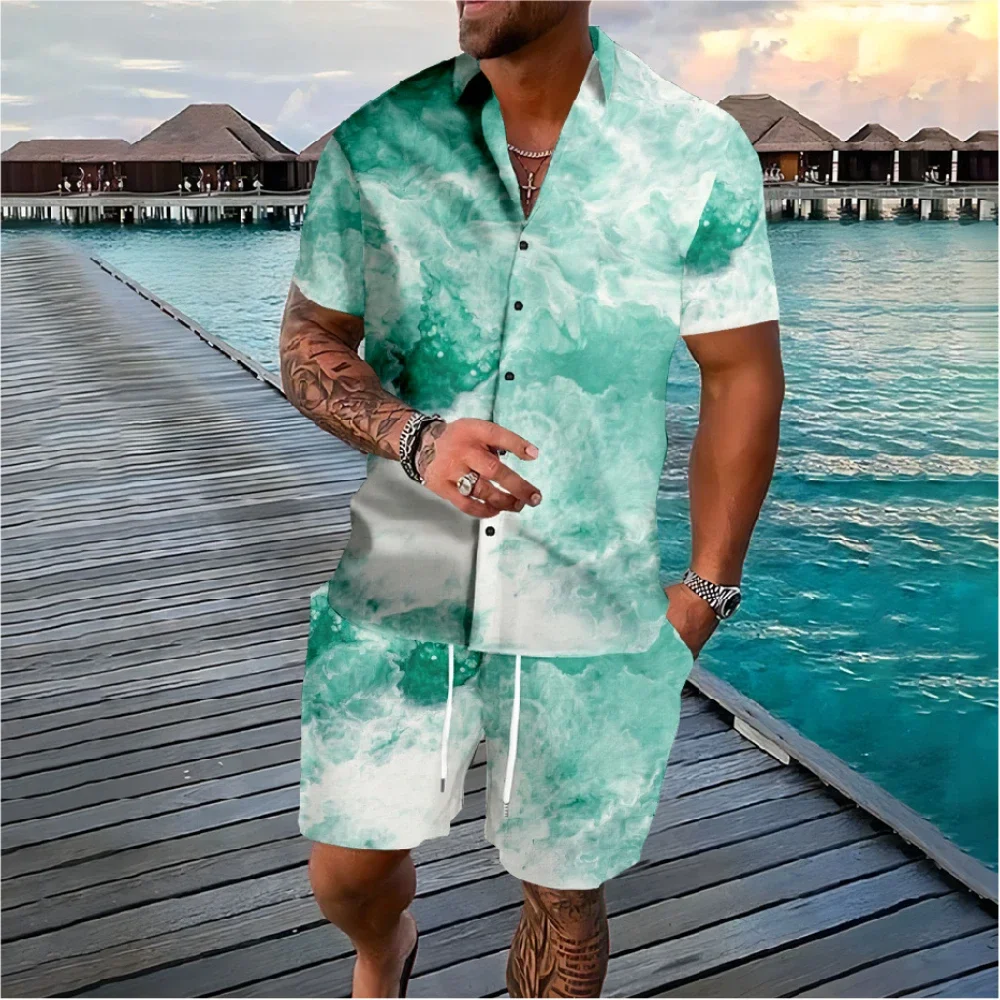 Fluid Art 3D Print Men Shirt Sets Fashion Short Sleeve Shirt Oversized Casual Beach Shorts Streetwear Hawaiian Suits Clothes