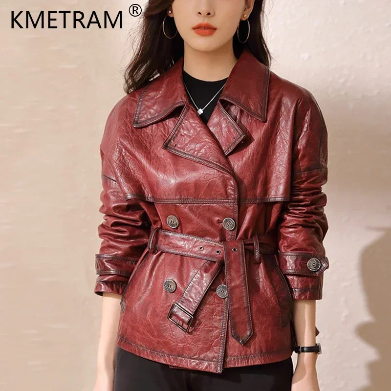 Roupas Femininas Autumn Women's Suit Collar Lace-up Waist Oil Wax Sheepskin Gabardina Mujer Vintage Red Wine Short Trench Coats