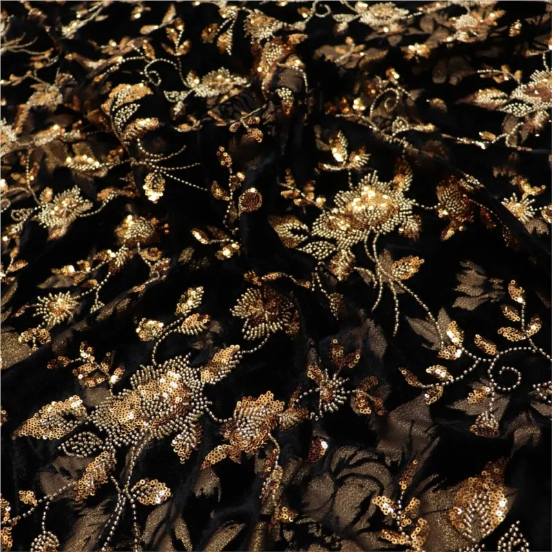 Silver three-dimensional beaded tubes embroidered gold lines woven sequins wedding dress women's fabric