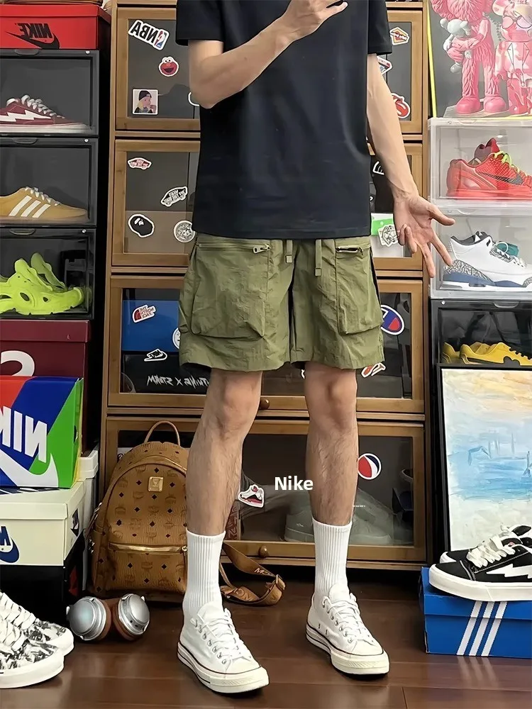 American Retro Military Green Workwear Shorts Men's Summer Nylon Quick Dry Pants Knee-Length Straight Four-Five Split Pants