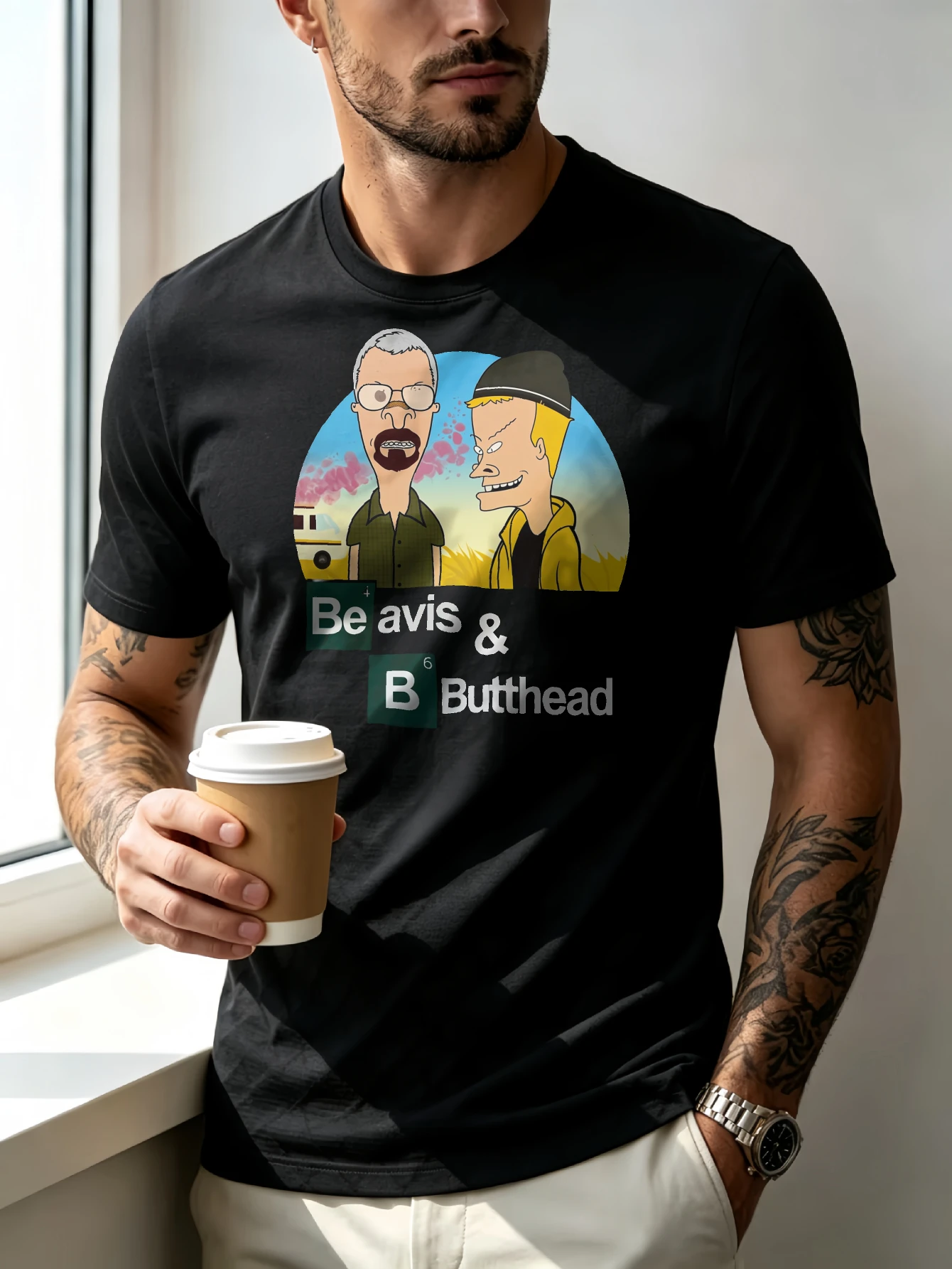 Back-to-school season men's T-shirt with Beavis and Butch cartoon pattern, summer trendy style, suitable for Halloween and Christmas, sexy Qbt style, loose, casual, and comfortable T-shirt, gift for boyfriend, husband, or male friend, plus size