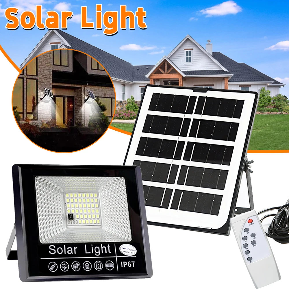 Reflector con control remoto de 50 W con energía solar - Foco impermeable IP67 + kit de luces de pared con reflector