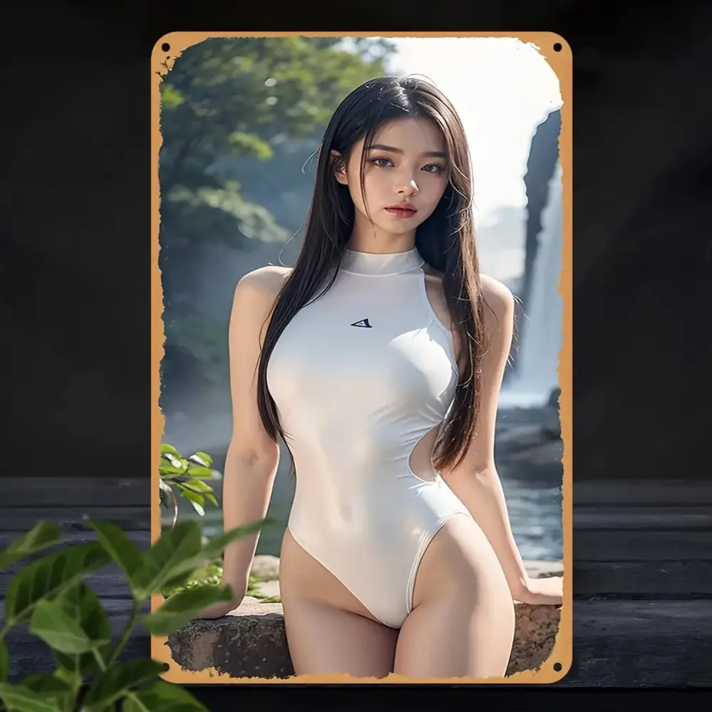 High Definition Tin Painting Beautiful Asian Woman in White Swimsuit Vintage Metal Sign Wall Art Decor