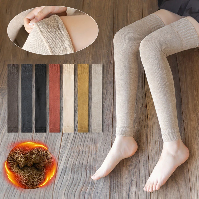 Neu im Winter über dem Knie hohe fußlose Socken für Frauen Schwarz Khaki Warme lange Beinwärmer Thermo-Oberschenkelhohe Sockenmanschetten Lange Socken