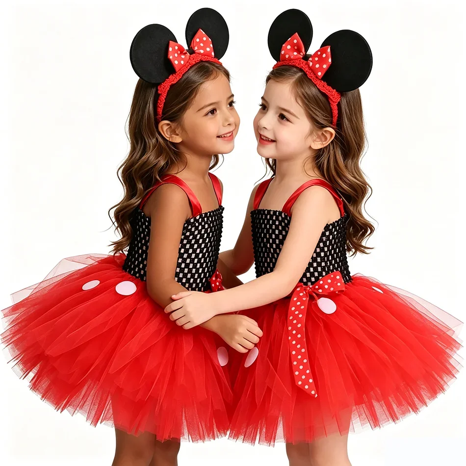 Vestido de tutú de Minnie para niñas, disfraz de fiesta de cumpleaños en rojo y negro con orejas de ratón, conjunto de diadema de ganchillo, vestidos de lunares para niñas de 0 a 8 años