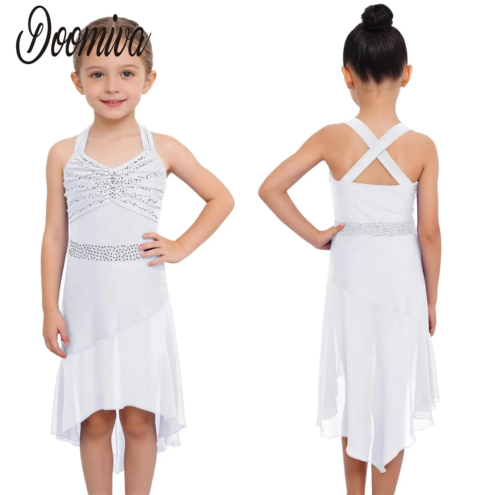 

Kids Girls Lyrical Latin Dance Dress Figure Skating Modern Dance Costume Sleeveless Rhinestones Ruched Bodice High-Low Hem Dress