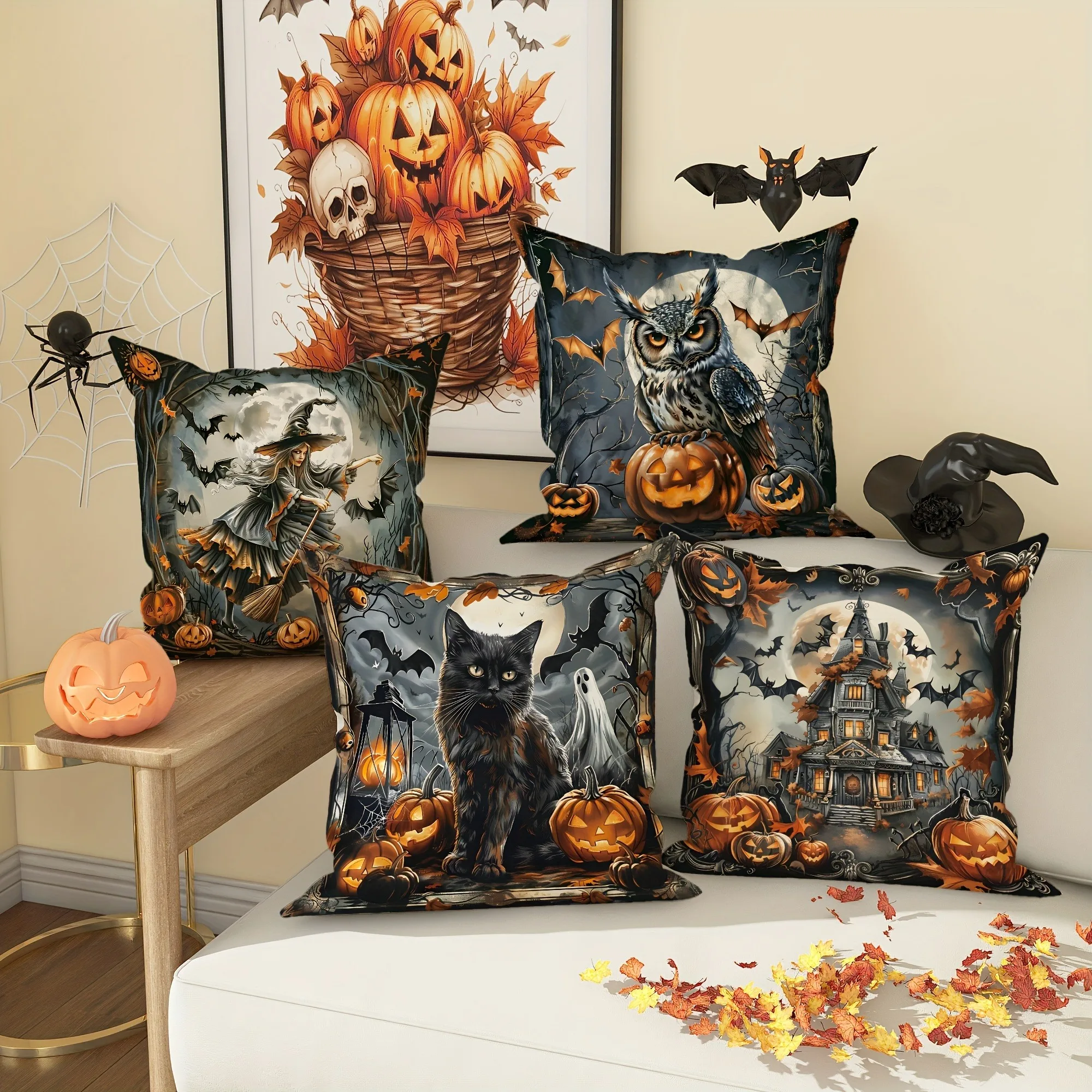 Halloween Themed Pillowcases: Witch, Owl, Black Cat & Haunted House Designs for Spooky Decor Sofa cushion cover