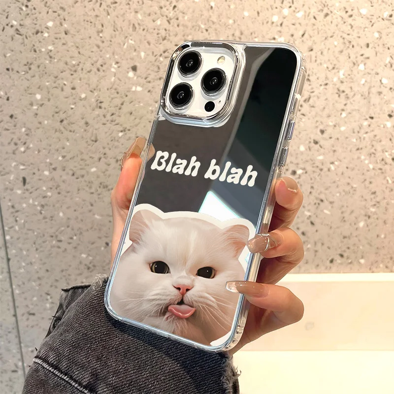 Luxury Make UP Mirror Phone Case For iPhone 17 16 Pro Max 11 13 15 14 12 Air XS XR Cute White Cat Covers Fundas