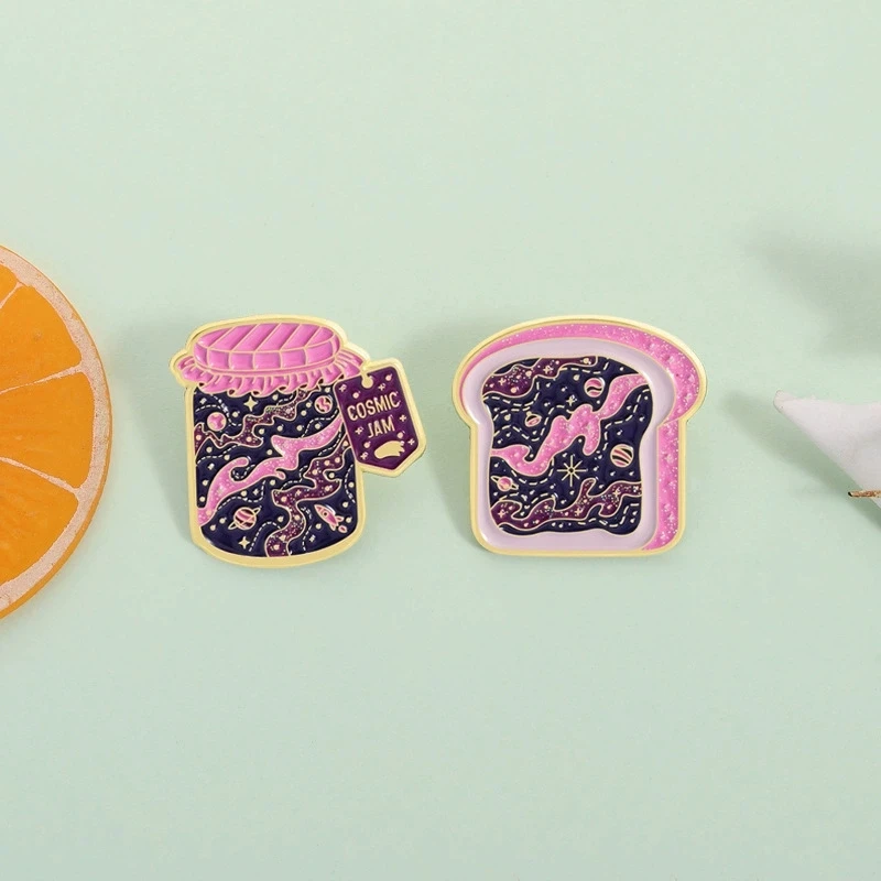 Creative Food Brooch Sparkling Pink Starry Sky Jam Jar Toast Badge Theme Pin Personalized Trendy
