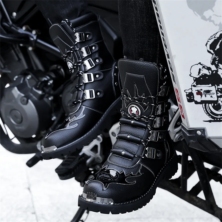 العلامة التجارية الفاخرة الرجال عالية أعلى النمط البريطاني الأحذية الجلدية المألوف عمال فارس دراجة نارية أحذية رجل الراحة الشتاء الثلوج الأحذية