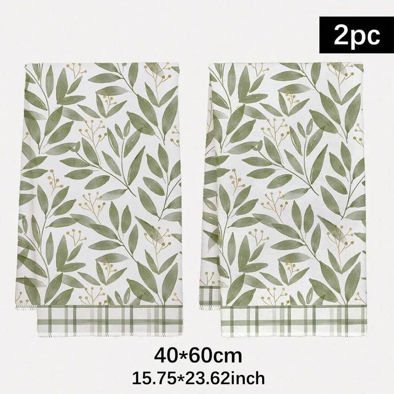2Pcs, Green Leaf Kitchen Towels with Grid Edges, 40Cm*60Cm Towel Set, Best Kitchen Towels, Super Absorbent Soft Cleaning Cloth, Cooking and Baking Tea Towels, Hand Towels, Cleaning Cloths, Dishcloths, Kitchen Decor, Living Room Decorations, Kitchen Essentials, Home Essentials