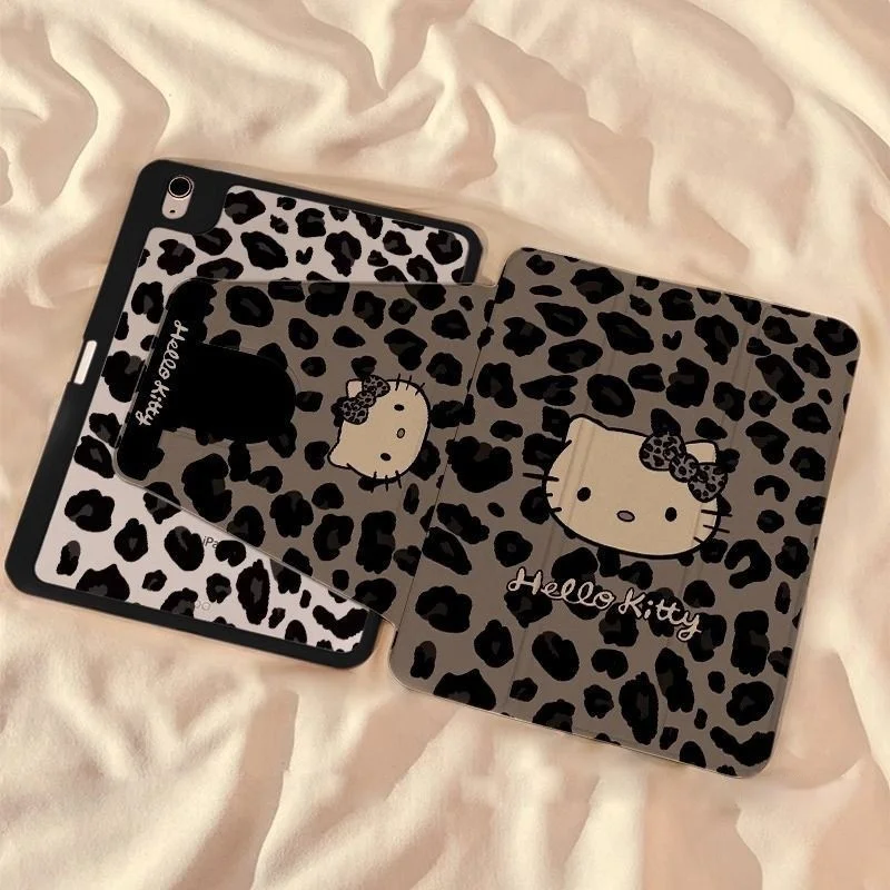 Custodia protettiva per iPad Kawaii Hello Kitty Cartoon Leopard Print Kitty Applicare a Ipad5/6/7/8 Ipadpro18/20/21/22 Mini4/5/6 Girevole