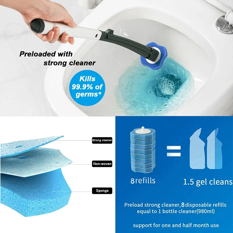 WIKHOSTAR Disposable Cleaning Toilet Brush Long Handle No Dead Angle Cleaning Brush Replacement Brush Head Cleaning Tool