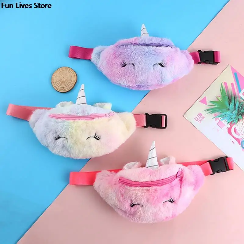 Riñonera de felpa de unicornio para niños, bolso de cintura con cinturón de animales, bolsa de teléfono de piel sintética de invierno, Mini monedero