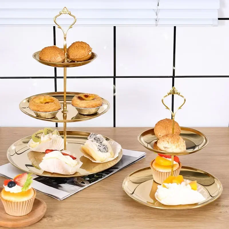 2/3-stöckiger Kuchenständer Obst-Snack-Platte Edelstahl-Tablett Restaurant Abnehmbares Dessert-Gestell Snack-Süßigkeiten-Tablett Aufbewahrungsregal