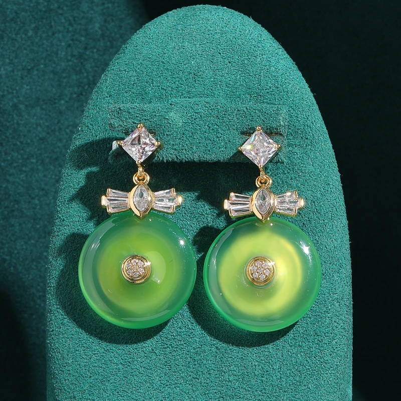 

Vintage Round Glass Green Drop Earrings Luxury Charm Gold Color Zircon Bow Jewelry 2026 Women For Mother Birthday Gifts Trend