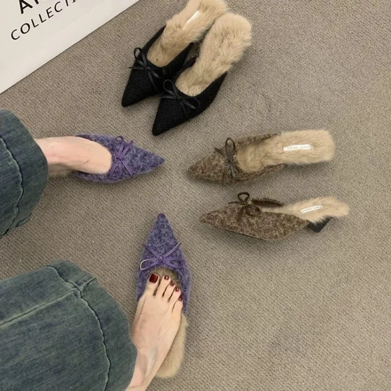 AJGS High Heel Plush Slides Woman Fashion Elegant Pointed Toe Lamb Hair Slippers Ladies Luxury Plush Evening Party Pump Shoes
