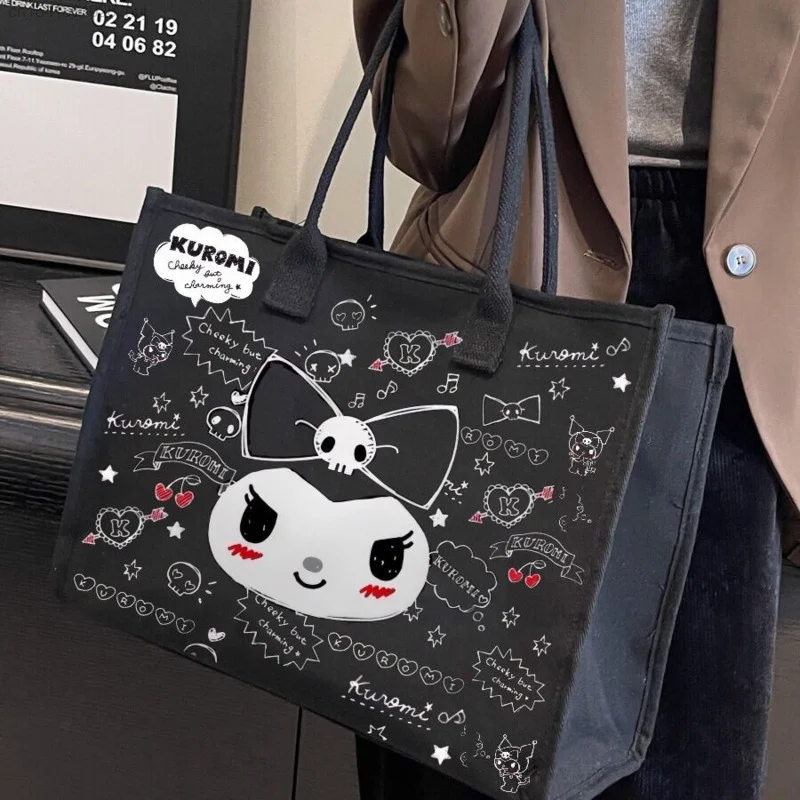 Sanrio Kuromi torba płócienna o dużej pojemności dla kobiet nowa moda wychodząca torba na zakupy damska na jedno ramię czarna torba typu Tote