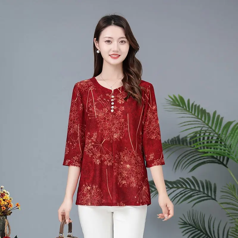 Spring summer Blouse Women Flower Printing Top Middle Aged Woman Casual v Collar Half sleeve Blouses Plus size