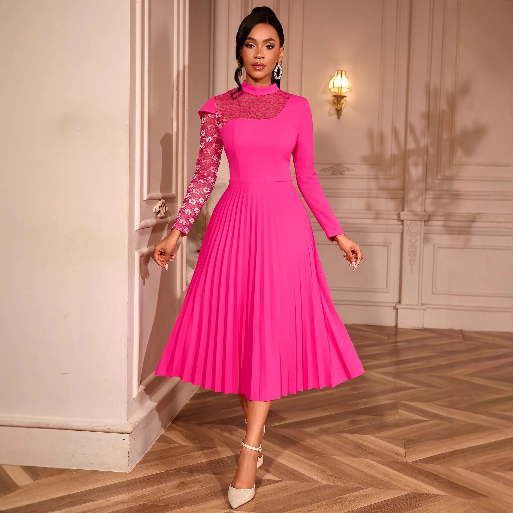 

Elegant Lace Patchwork Long-Sleeve Dress with Cinched Waist And Pleated A-Line for Party Evening Semi-High Neck Style