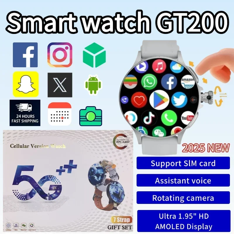 New GT200 5G SmartWatch with SIM Card Slot Screen 256GB Storage 190 Degree Rotating Camera GPS WiFi App Download for Men