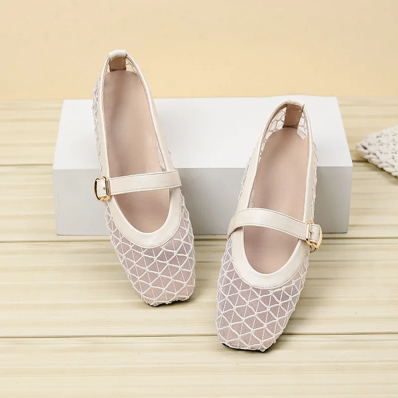Women's Fishnet Ballet Flats Summer New Square Toe Breathable Hollow Mesh Sandals Casual and Comfortable Mary Jane Single Shoes