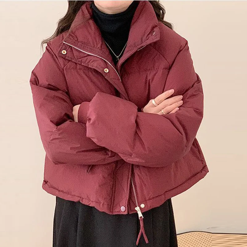 

2023 Winter Women Short Thicken Coat Stand Collar Drawstring Zipper Korean Elegant Cotton Jacket Loose Casual Female Warm Parkas