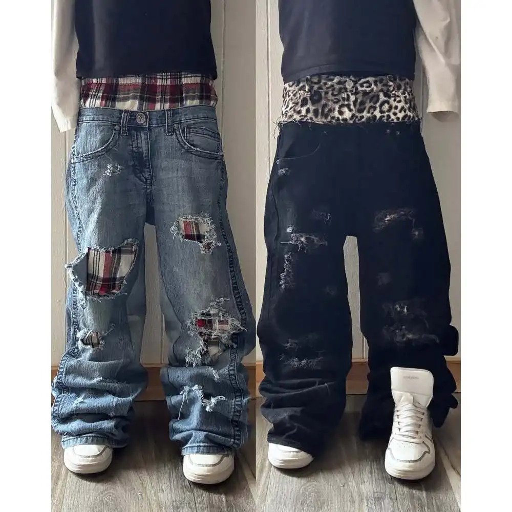High street retro loose straight jeans, washed and worn out, plaid color matching double waist stitching, unisex jeans