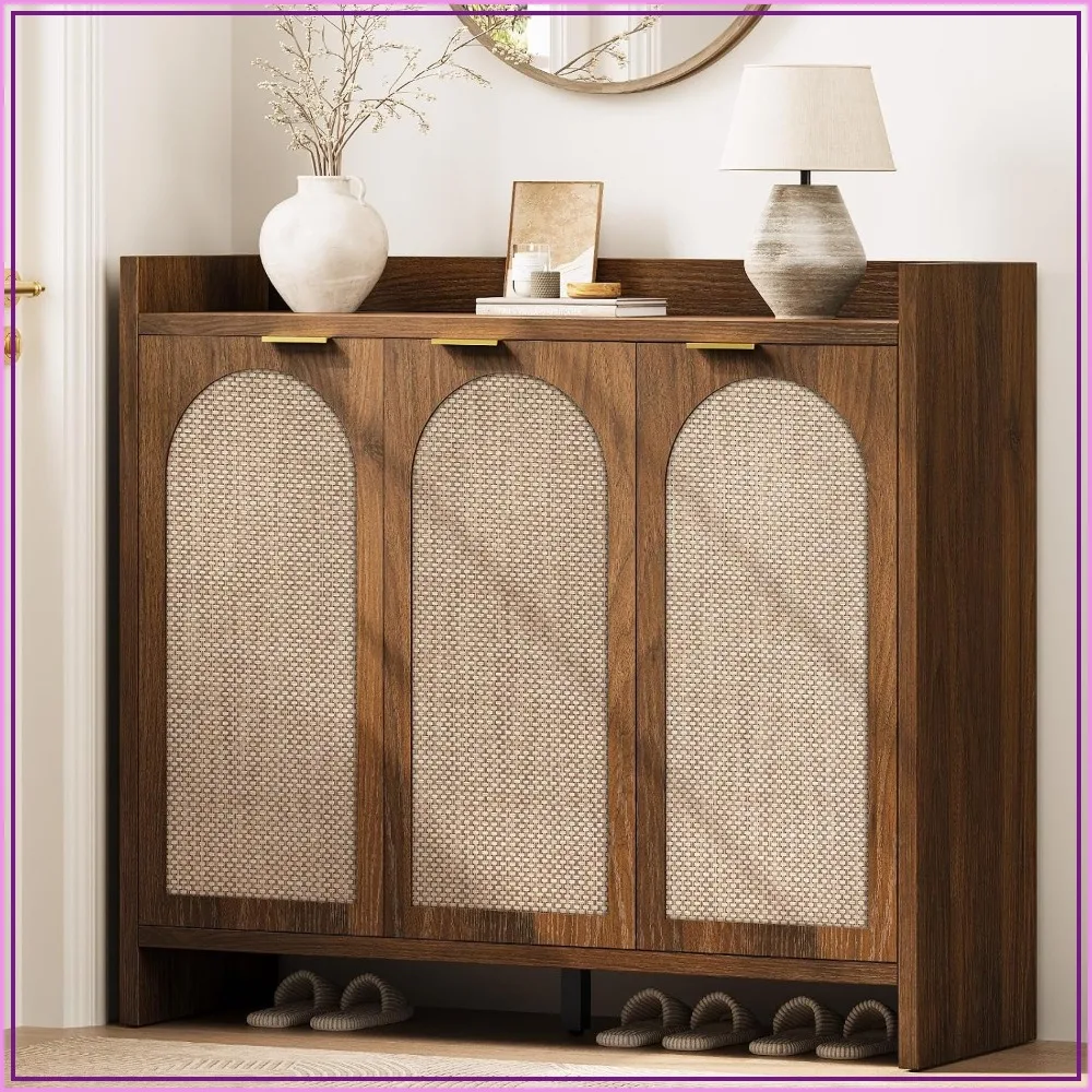 6-Tier Rattan, Wood Shoe Cabinet 3 Doors, Adjustable Shelves Entryway, Hallway, Living Room
