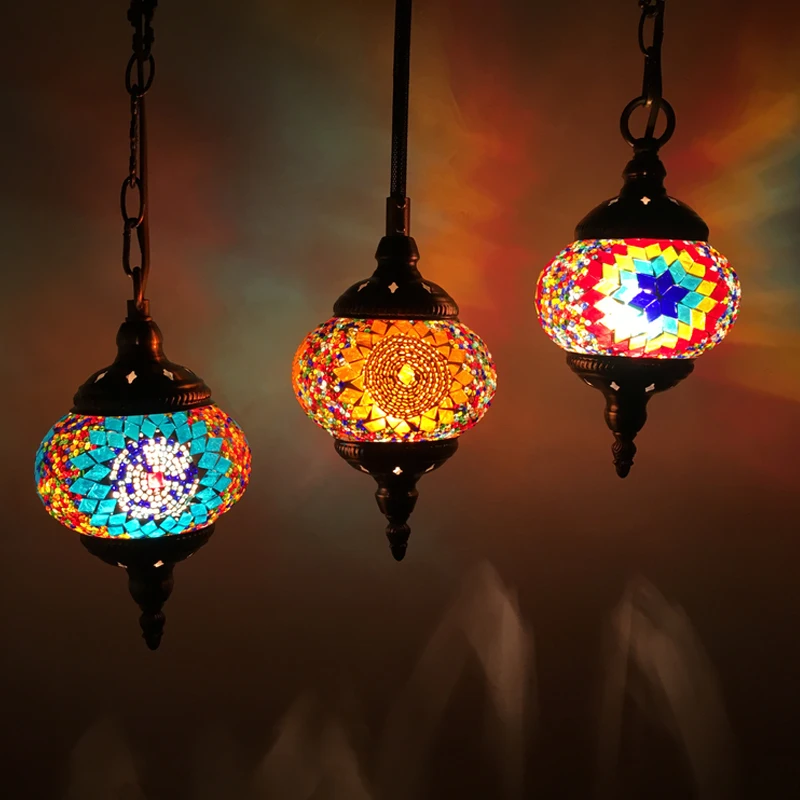 DIY Turkish Mosaic Pendant Lights Vintage Mediterranean Handcrafted Led Stained Glass Hanging Lamps for Bedroom Home Art Decor