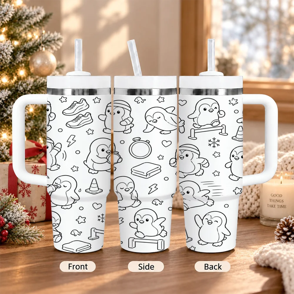 Sport Penguin Running Fitness 40oz Tumbler with Handle Straw Stainless Steel Insulated Travel Mug Water Cup Gift Vacuum Flasks