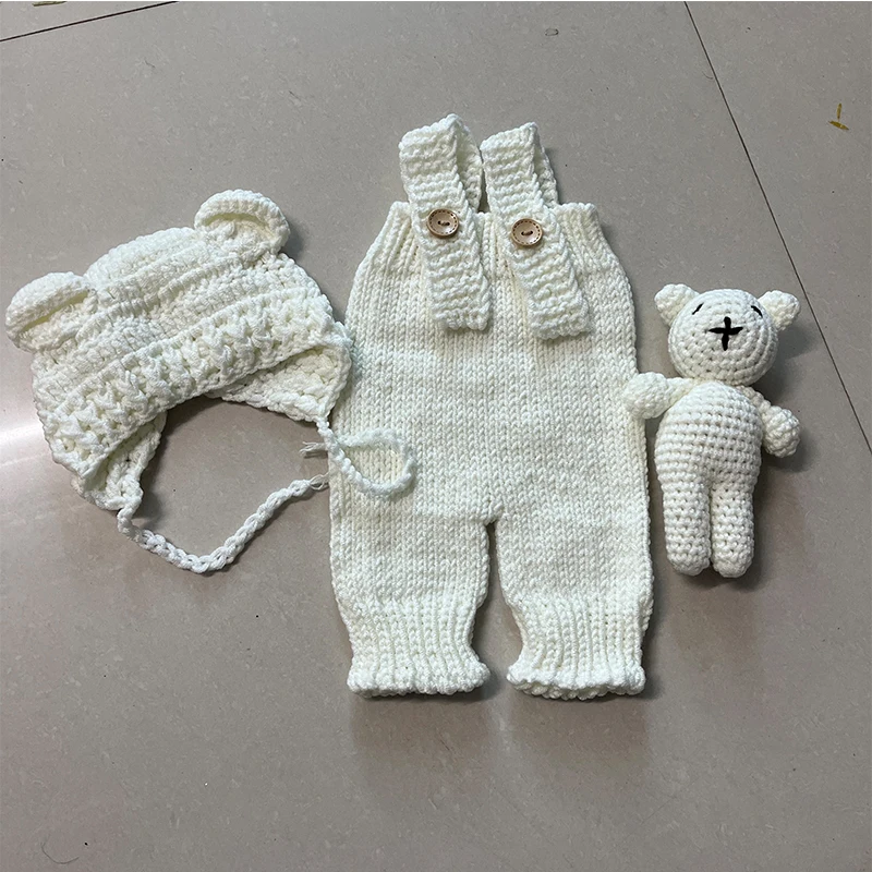 Halloween Oufits Baby Photography Clothing Hand-knitted Suspender Jumpsuit and Bear Hat Teddy Bear Dolls Decor Photoshoot Props