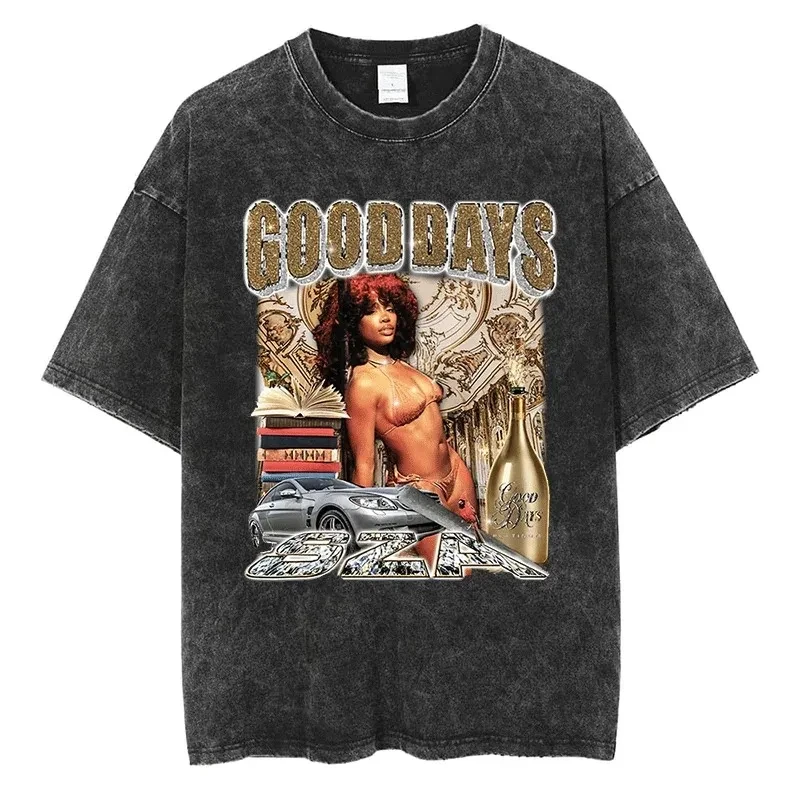 SZA Graphic T-shirt Quality Cotton Washed Vintage Short Sleeve Tees R&B Hip Hop Rapper Portrait Oversized Women Streetwear Tops