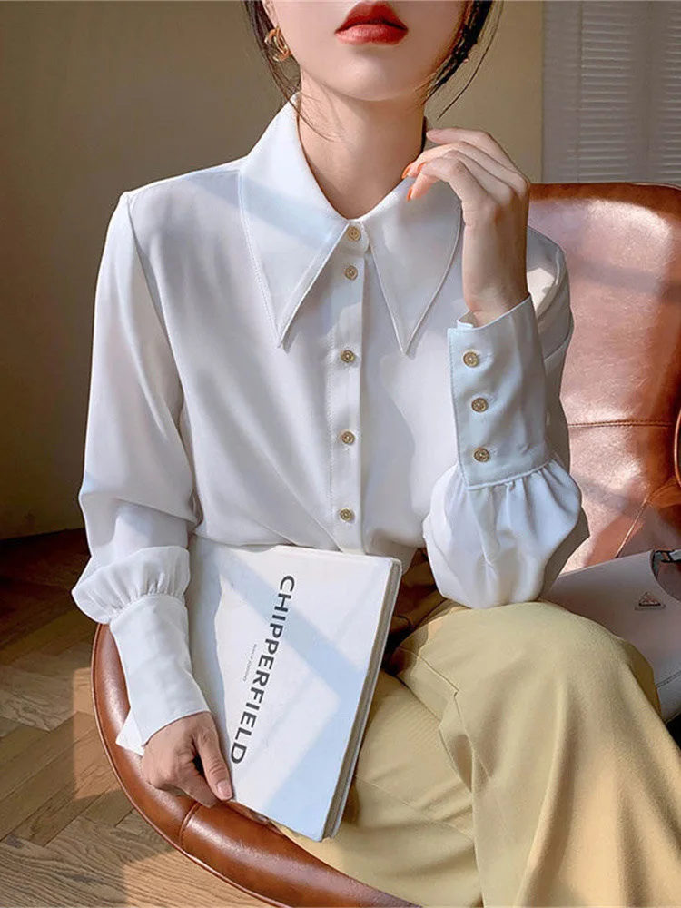 Korean Fashion Retro Elegant Simple Basic Button Down Shirt for Women Autumn White Loose Long Sleeve Office Ladies Blouses Tops