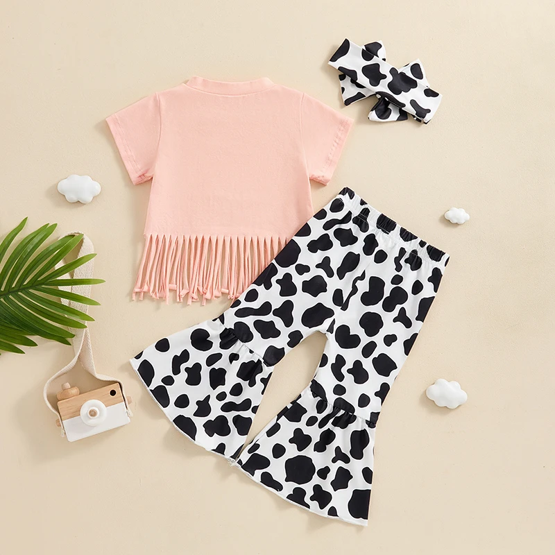 Western Baby Girl Clothes Short Sleeve Tassel T-shirt Tops Leopard Flared Pants Headband Summer Outfit 6M-4T