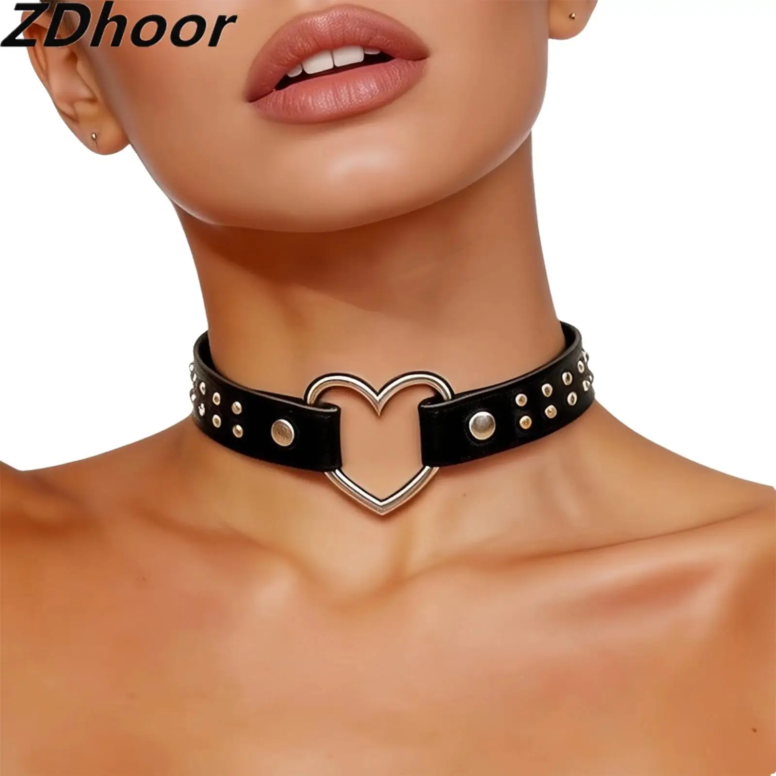 

Women Punk-style Love Necklaces PU Leather Love Heart Retro Rivet-inlaid Clavicle Chain Choker Jewelry Necklaces for Party Wear