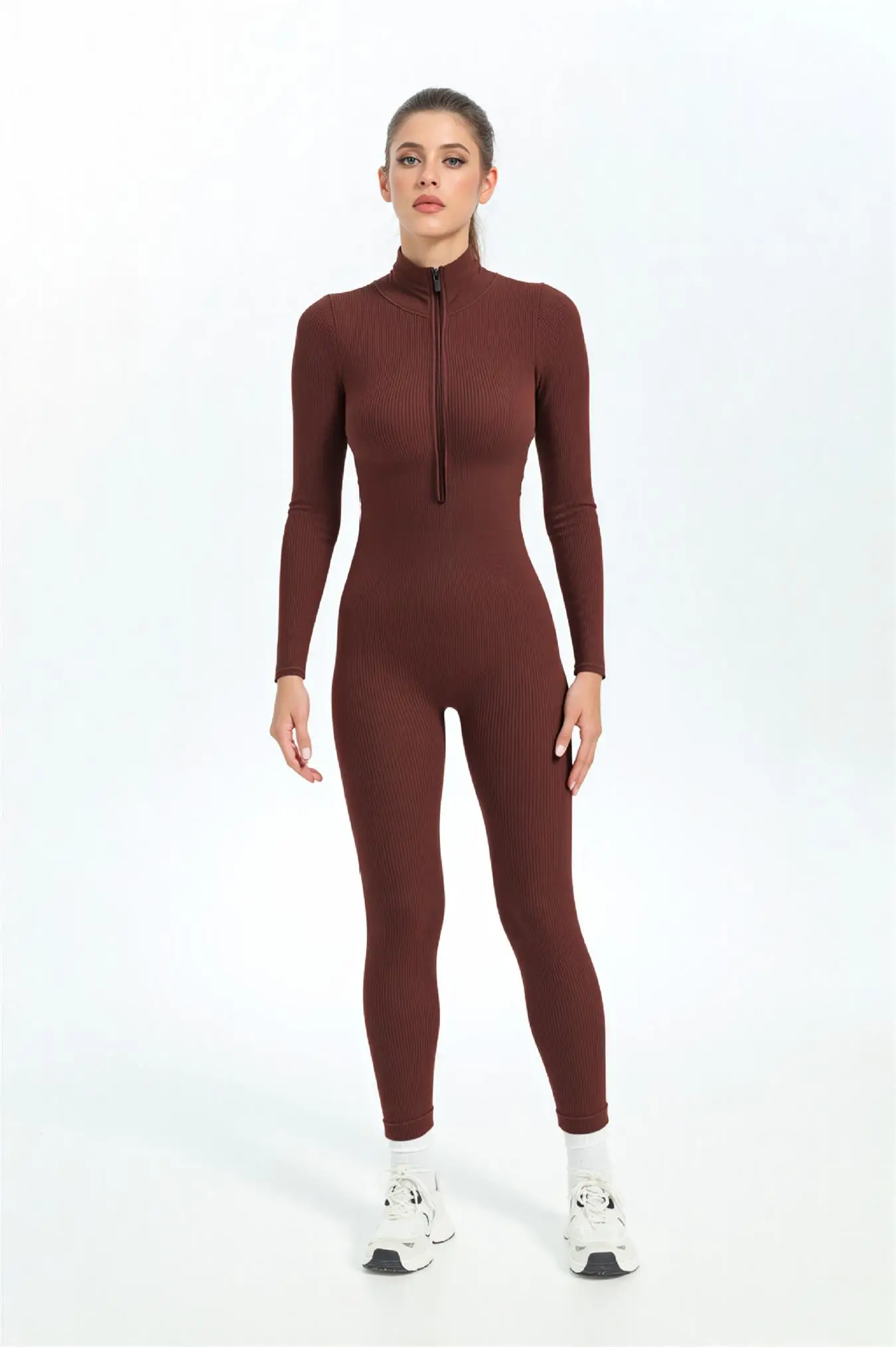 

Seamless solid color threaded stand-up collar long-sleeved long pants jumpsuit, women's running sports zipper yoga fitness suit