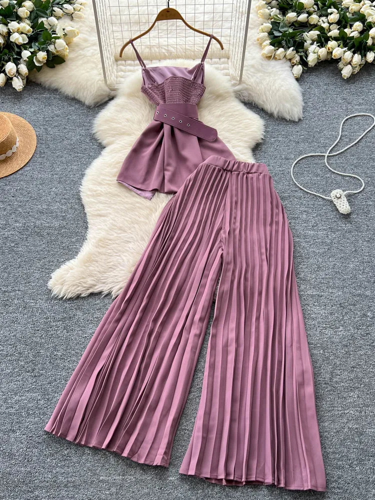 ชุดเซ็ตเสื้อครอปผูกเอวและกางเกงขายาวเอวสูงทรงหลวมสำหรับผู้หญิง สไตล์ลำลองแฟชั่น คอลเลคชั่นฤดูร้อน 2025