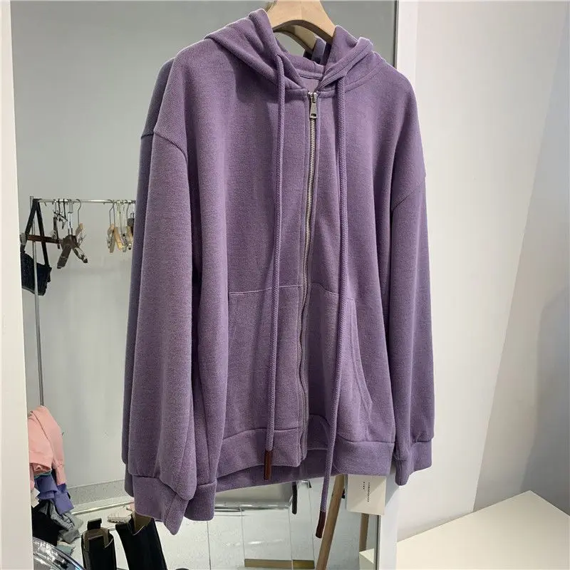 2023 New Spring and Autumn Thin Korean Fashion Purple Zipper Versatile Loose and Slim Hooded Sweater Coat