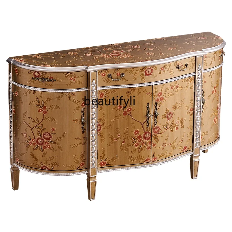 

New style European-Style New Classical Luxury Painted Flower Solid Wood Semicircle Curved Hallway Curio Cabinet