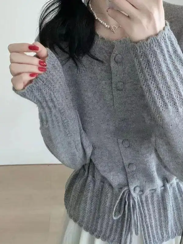 Sweet Style Knitted Top Belted Hollow out Design Creme Color Cute Tying Waist Autumn New Arrival Women's Soft Long Sleeve Swe...