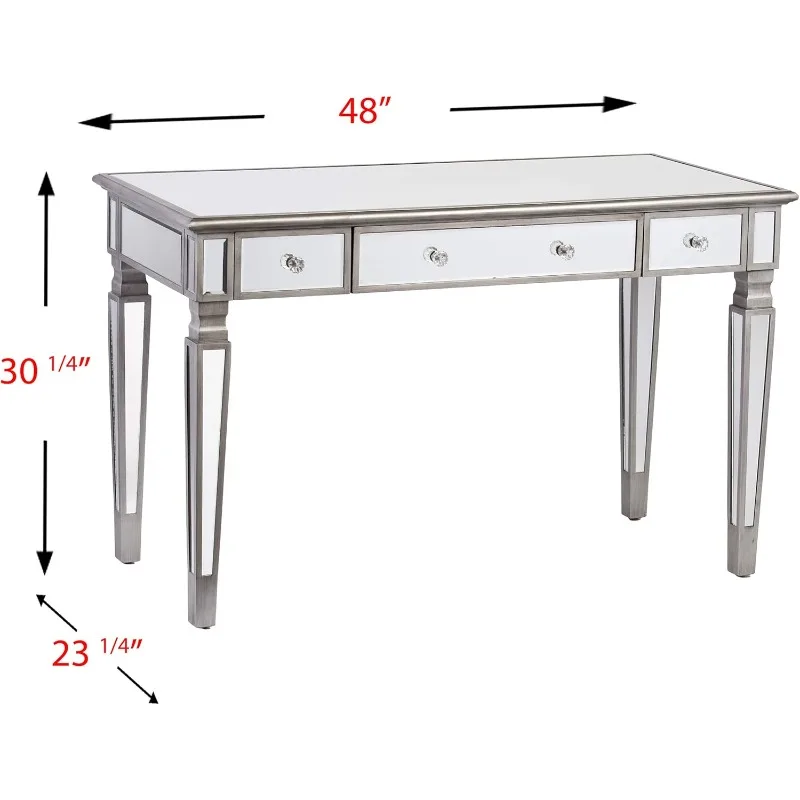 Mirrored Workstation Vanity Desk W/ Ample Storage 2 Drawers, Locking Keyboard Tray,Crystal Embellished Knobs