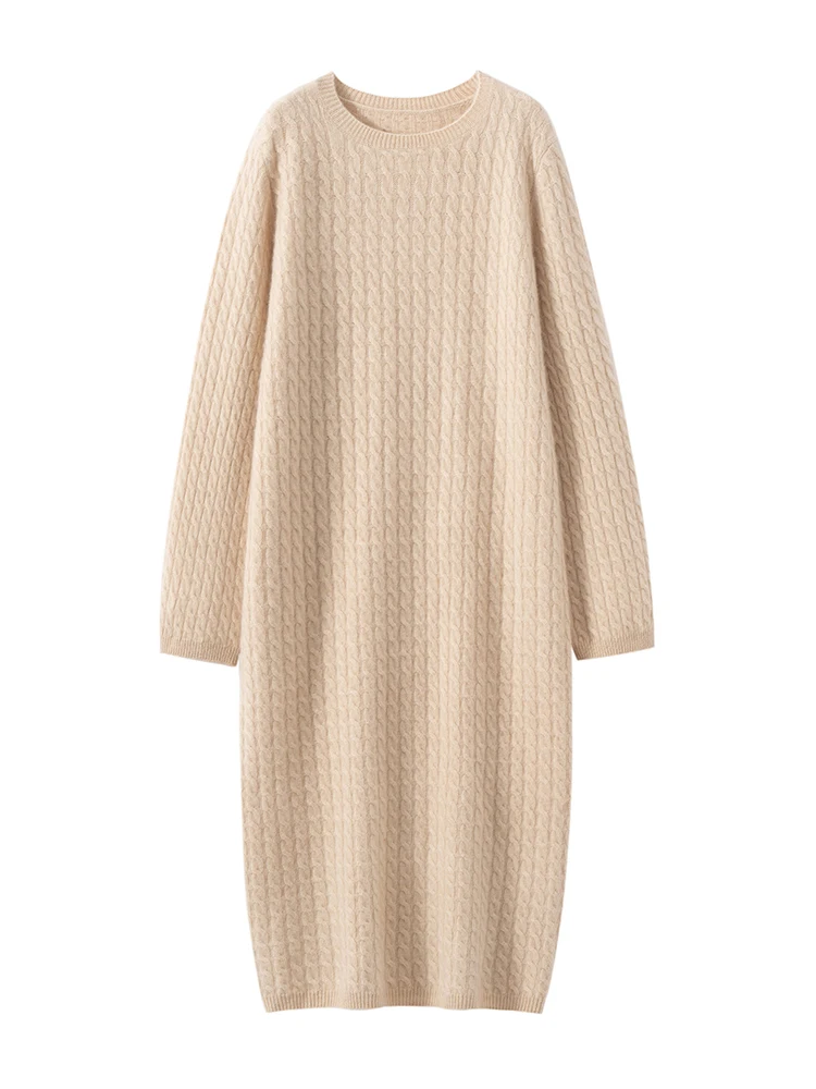 

TLOML Women 100% Cashmere Sweater O-neck One-piece Dresses Cable Knit Autumn Winter Thick Cashmere Knitwear Grace Loose Dresses