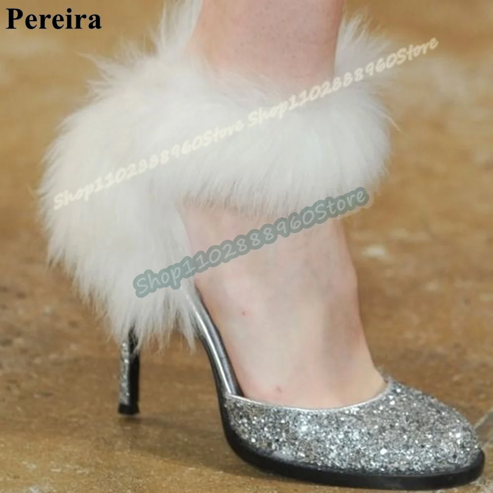 

Silver Glitter Shallow Furry Bling Pumps Stilettos High Heel Women Shoes Ankle Buckle Strap Round Toe Sparkling Banquet Shoes